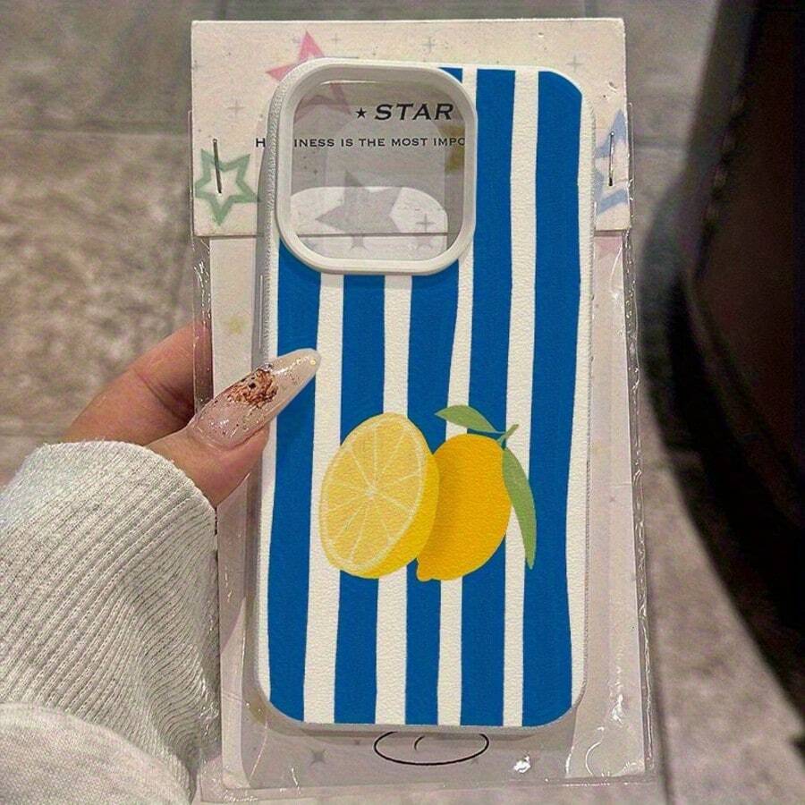 Funda protectora de TPU a prueba de golpes con patrón de rayas azules y limones amarillos para iPhone 16 PRO MAX, 1416 PLUS, 1513 Pro, 1211, muy de moda - Blanco antiguo - Ver 1