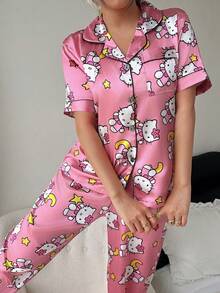 Sanrio Hello Kitty 2026 短款與長款絲綢睡衣套裝，短袖前扣領口蝴蝶結卡通可愛款，前扣口袋對比飾邊 - 粉色 - 查看 6