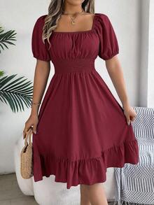 Women's Spring Summer Casual Ditsy Floral Print Dress Short Puff Sleeve Drawstring Waist Flowy A-Line Midi Dress Boho Beach Vacation Holiday Outfit - Burgundy - View 12