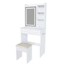 Small White Dressing Table With Mirror / Modern Dressing Table / Adjustable LED Lighting & Socket / Includes Upholstered Stool, Hidden Storage & Shelf / Easy To Assemble / Suitable For Bedrooms And Dressing Rooms, W60/H136/D36cm. - White - View 3