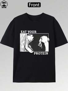 Eat Your Protein, Anime Pattern Printed Men's Short Sleeved Round Neck T-Shirt, 220g, Gym Fitness T-Shirt - Series Black, Summer Casual, Comfortable And Breathable, Preferred For Daily Outings And Street Wear - 黑色 - 查看 2