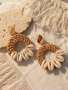 Boucles d'oreilles en coquillage tressées faites main, boucles d'oreilles en fil de coton tressé de style naturel, boucles d'oreilles élégantes avec décoration de coquillage, ambiance vacances, accessoire unique polyvalent pour un port quotidien - Multicolore - Voir 3