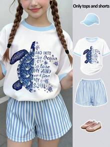 Bộ 2 món phong cách tươi mát & chữa lành cho bé gái, áo thun họa tiết rùa biển màu nước dáng rộng phối quần short kẻ sọc, trang phục thời trang thường ngày du lịch dạo phố - Màu xanh lam - Xem 6