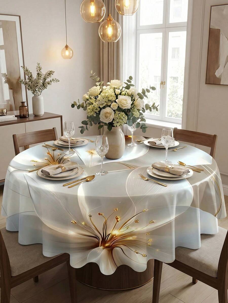 1 Pieza Mantel redondo con efecto de flor 3D y luz en oro blanco, mantel de mesa de lujo y romántico estilo francés de país, de poliéster resistente a las manchas y al agua, con borde festoneado, a prueba de aceite y polvo, lavable y reutilizable, ideal para cenas de aniversario, celebraciones del Día de San Valentín, reuniones íntimas, suministro esencial para la cocina y el hogar - Multicolor - Ver 1