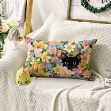 Vỏ gối trang trí họa tiết hoa tulip mùa xuân và mèo đen, kích thước 12" x 20", họa tiết hoa cẩm tú cầu, dùng cho ghế sofa theo mùa. - Màu vàng - Xem 1