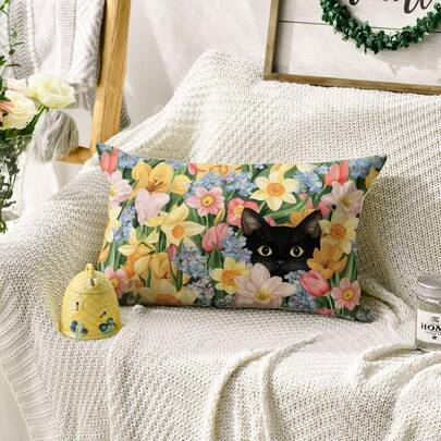 Vỏ gối trang trí họa tiết hoa tulip mùa xuân và mèo đen, kích thước 12" x 20", họa tiết hoa cẩm tú cầu, dùng cho ghế sofa theo mùa.