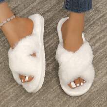Women's Crossed Strap Fluffy Slippers, Soft And Warm Furry Home Shoes With Open Toe And Comfortable Outdoor Wear, Breathable - trắng - Xem 8