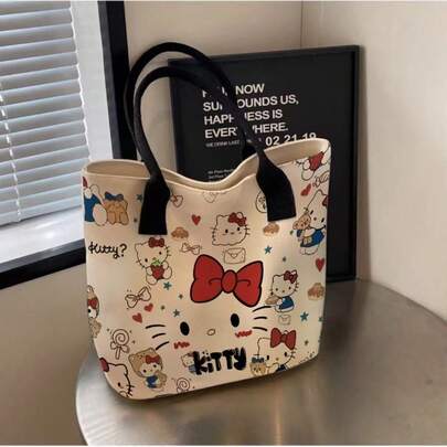 SANRIO 1个Hello Kitty印花帆布手提袋，大容量可爱单肩手提包，女士休闲便携日常通勤购物收纳袋