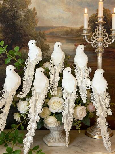 2 chiếc kẹp trang trí hình chim bồ câu trắng uốn cong, chim giả lông vũ, chim nhân tạo uốn cong với lông tổng hợp, đồ trang trí nghệ thuật động hiện đại phù hợp cho nhà cửa, văn phòng, đám cưới, sân vườn, đạo cụ chụp ảnh.