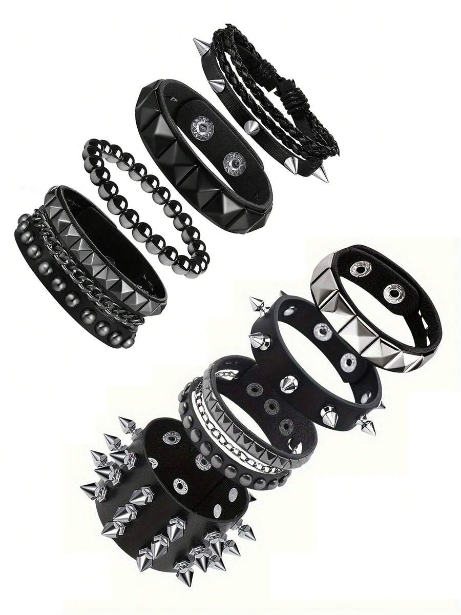 Juego de 1/4 pulseras de estilo punk de cuero con remaches, brazalete gótico con púas de los 80 para hombres y mujeres, accesorio de estilo rock - Negro - Ver 1