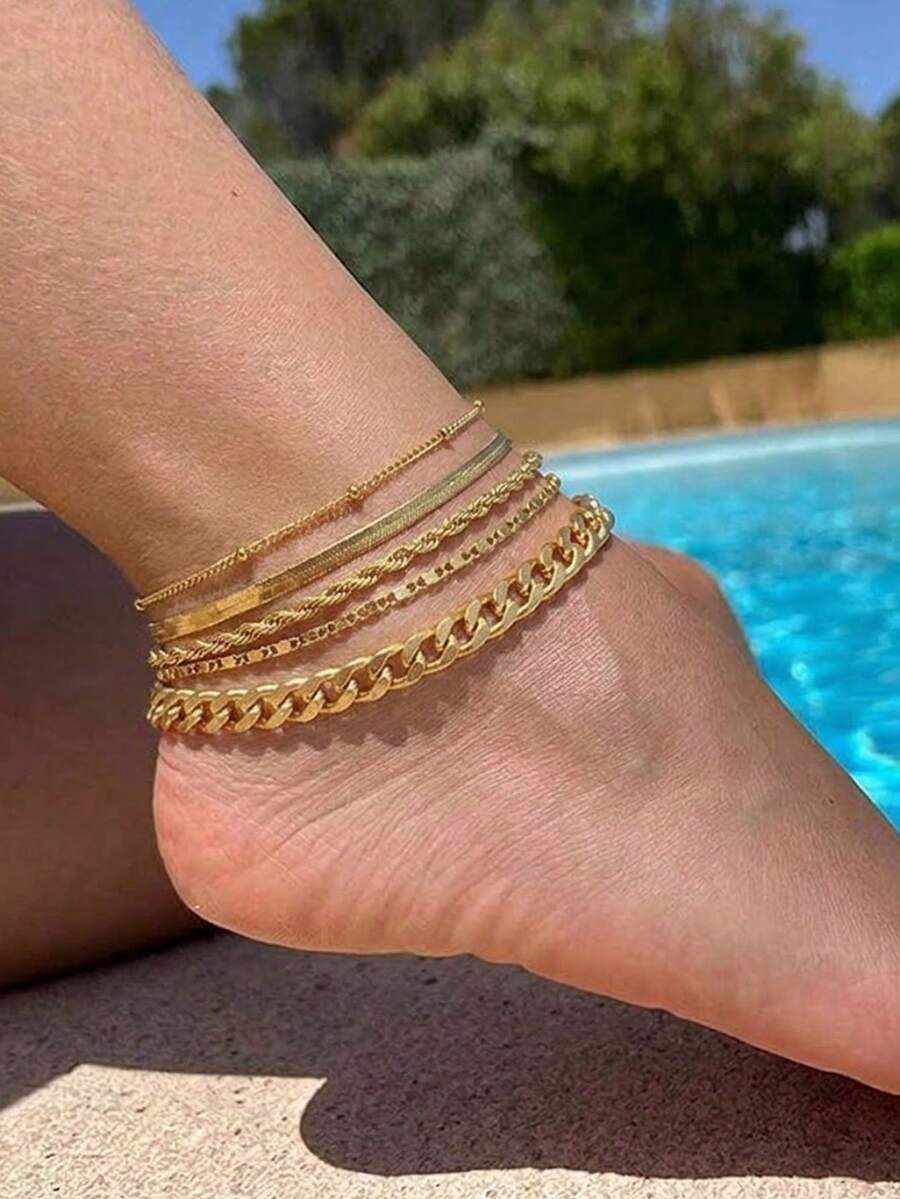 Bộ 5 chiếc vòng chân mạ vàng cho nữ - Kiểu dây xích rắn Boho và mắt xích , trang sức đeo chân có thể điều chỉnh cho mùa hè đi biển. - Vàng - Xem 1
