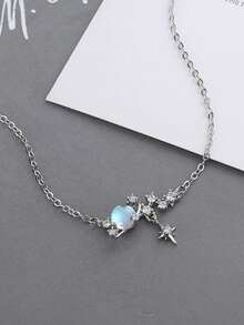 1 件，月亮星形项链 | 闪耀水晶星空吊坠链 | 适合女性，梦幻太空风格首饰 - 銀色 - 查看 5