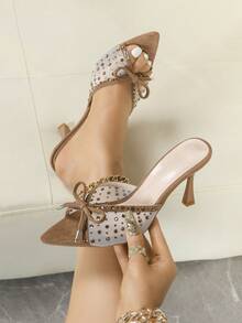 Giày sandal nữ gợi cảm kiểu hộp đêm, phối lưới rỗng, gót hở thoáng khí, thắt nơ, màu mơ, giày dự tiệc mùa hè nhẹ nhàng, đính đá và lưới xuyên thấu, gót cao. - Màu be - Xem 1