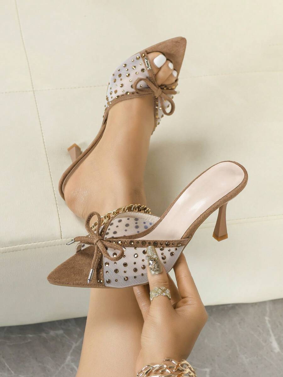 Giày sandal nữ gợi cảm kiểu hộp đêm, phối lưới rỗng, gót hở thoáng khí, thắt nơ, màu mơ, giày dự tiệc mùa hè nhẹ nhàng, đính đá và lưới xuyên thấu, gót cao. - Màu be - Xem 1