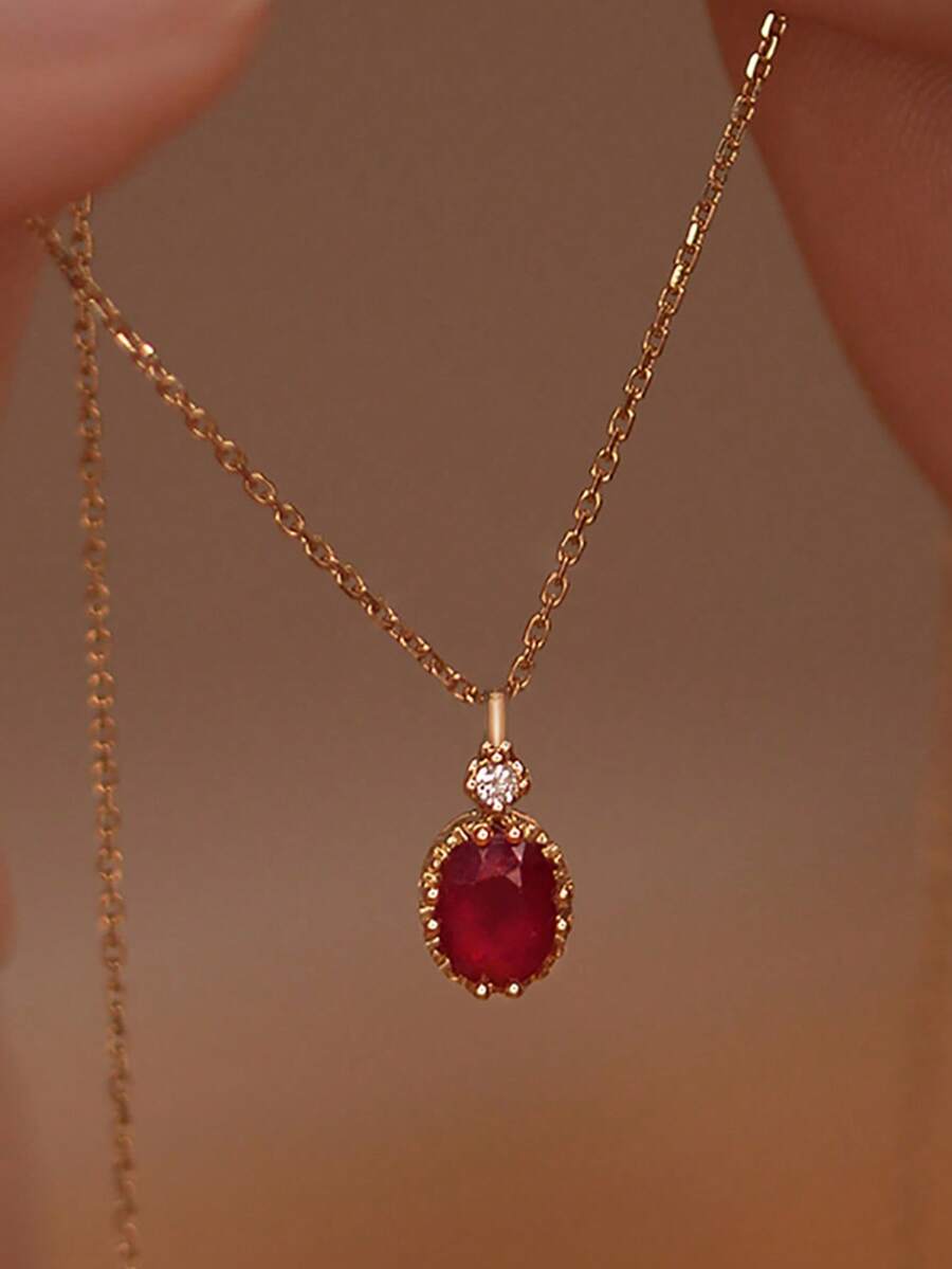 1 Stück exquisite Damen-Schmuckkette mit künstlichem Rubin, S925 Sterlingsilber, elegante Schlüsselbeinkette mit Strass-Anhänger, geeignet für den täglichen Gebrauch - #1 - Übersicht 1