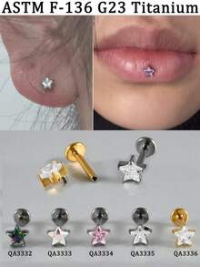 1PC ASTM F136 Titanium Star CZ Cartilage Earring 16G Dainty Star Flat Back Internal Threaded Stud Tragus Conch Helix Nose Labret Piercing Implant Bodyjewelry Shiny Decoration - 1 Titanium Star Lip Stud - View 7