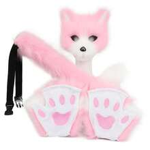 [Free Shipping]Adolala Faux Fur Fox Tail Cat Wolf Set Pl 11ush Mask Fluffy Paw Gloves Halloween Christmas Party For Women - 粉色 - 查看 3