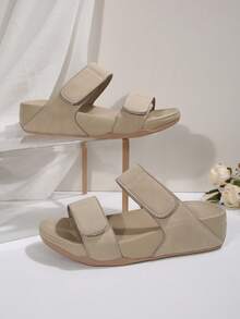 Plus Size Women Casual Comfortable Thick Sole Hook And Loop Sandals, Leisure Open Toe Beach Resort Wedge Sandals, Non-Slip Beach Shoes - Khaki - View 3