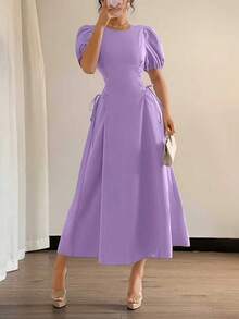 Đầm dự tiệc mùa hè màu trơn dành cho nữ, cổ tròn, eo nhún bèo, tay cánh hoa thanh lịch. - Màu Lilac Tím - Xem 10