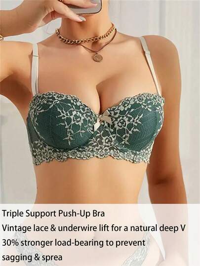 优雅橄榄绿蕾丝撞色内衣套装，带衬垫聚拢钢圈文胸，适合小胸，性感露背设计