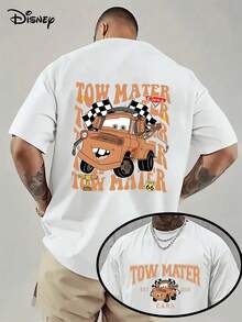 Disney License T Shirts, Men's Oversized Casual Crew Neck Disney Pixar1 Cars Tow Mater Double Sided Route 66Checkered Flag Cartoon Print Short Sleeve T-Shirt, Retro Racing Graphic Tee For Summer Streetwear,Men Clothes,Summer Clothes,White Shirt,Father's Day Clothing,Vintage T Shirts,Graphic T Shirts,100 Percent Cotton,Graphic Tee,Graphic Tees,Funny Graphic Tees,Graphic T, Gifts For Family And Friends - 白色 - 查看 1
