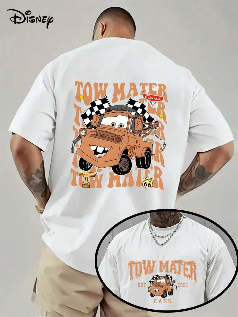 Disney License T Shirts, Men's Oversized Casual Crew Neck Disney Pixar1 Cars Tow Mater Double Sided Route 66Checkered Flag Cartoon Print Short Sleeve T-Shirt, Retro Racing Graphic Tee For Summer Streetwear,Men Clothes,Summer Clothes,White Shirt,Father's Day Clothing,Vintage T Shirts,Graphic T Shirts,100 Percent Cotton,Graphic Tee,Graphic Tees,Funny Graphic Tees,Graphic T, Gifts For Family And Friends - 白色 - 查看 1