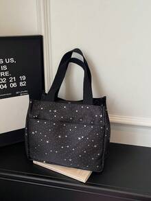 Nouveau sac à bandoulière en tissu imprimé étoiles à la mode, ouverture à fermeture éclair, sac carré doux et léger de petite capacité minimaliste et décontracté - Noir - Voir 5