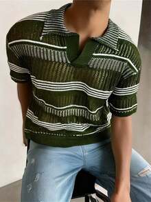 Men's Hollow Out Semi-Sheer Striped Knit Short Sleeve Polo Shirt, Comfortable Breathable Lightweight Knit Top For Casual Wear, Suitable For Vacation And Valentine's Day - Màu xanh lá cây đậm - Xem 3