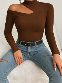 Women's T-Shirt Blouse Suplex Fabric Long Sleeve High Neck Asymmetrical Cut Ideal For Meetings And Casual Use - 咖啡棕 - 查看 3