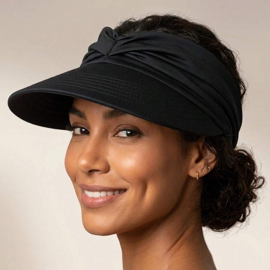 Women's Wide Brim Turban Visor With UV50+ Protection, Beach, Pool, Foldable, Adjustable, Summer - 黑色 - 查看 1