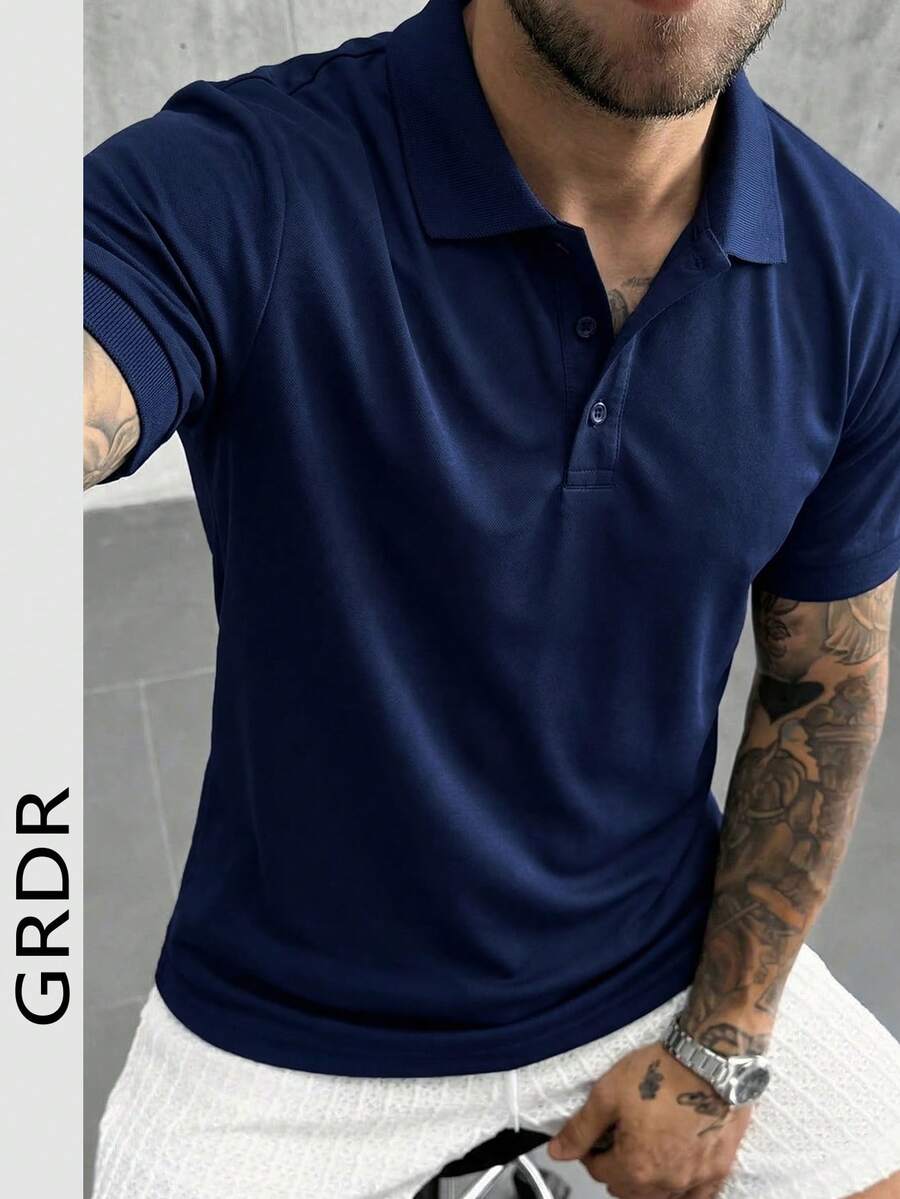 Camisa polo azul marino minimalista para hombre GRDR, top casual retro simple para el verano - Azul Marino - Ver 1