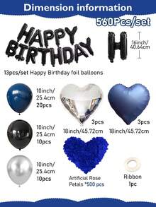 16/60/560件海軍藍黑色生日裝飾 - 生日快樂橫幅 + 心形鋁箔氣球 + 藍黑銀乳膠氣球，適合男性生日派對、暗黑美學派對裝飾、浪漫之夜、週年紀念、飯店驚喜、拍照道具 - 款式一 - 查看 3