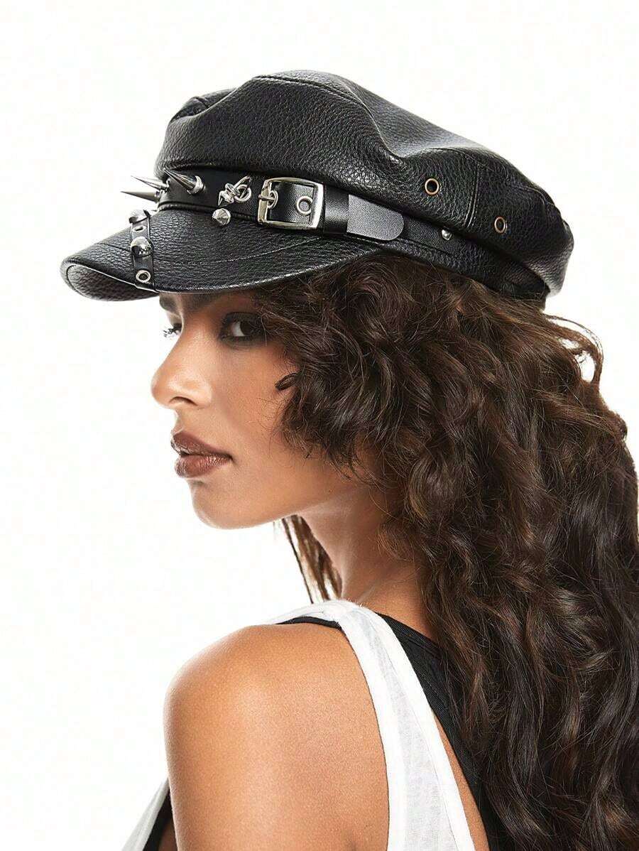 ROMWE Grunge Punk Black Rivet Punk Style Beret Hat For Women - Multicolor - View 1