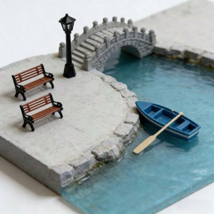 Kit de modèle de mini-jardin | Design architectural en résine, comprend un lampadaire, un banc, un bateau et un pont | Décoration de table pour événements de mariage - A - Voir 1