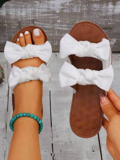 女士蝴蝶结圆头拖鞋，时尚两用户外凉鞋，防滑蝴蝶结装饰按摩底拖鞋，沙滩鞋，夏季