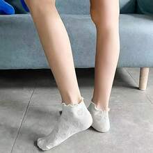 5双装女士春夏荷叶边短袜，舒适透气，百搭可爱爱心蕾丝边袜 - 彩色 - 查看 5