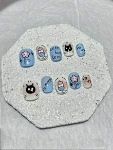 10 miếng dán móng tay nghệ thuật graffiti vẽ tay, hình mèo con màu xanh nhạt và hoa dễ thương, móng giả ngắn, dụng cụ làm móng (1 miếng dán dạng thạch + 1 dũa móng) - Xanh và trắng - Xem 13