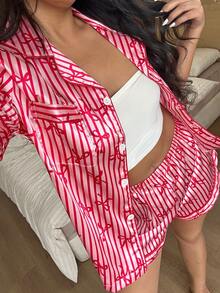 2件套女士缎面条纹蝴蝶结印花V领纽扣短袖上衣和裤子睡衣套装，夏季睡衣套装。 - 粉色 - 查看 5