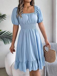 Women's Spring Summer Casual Ditsy Floral Print Dress Short Puff Sleeve Drawstring Waist Flowy A-Line Midi Dress Boho Beach Vacation Holiday Outfit - 玫紅色 - 查看 11