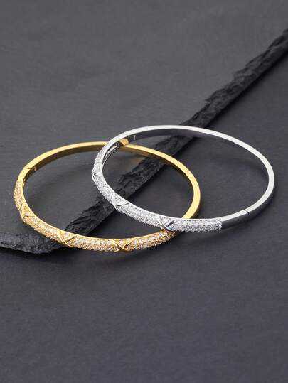 1pc Fashionable Cubic Zirconia Women's Bracelet, Gold/Silver Plated, Dual-Tone, Full Diamond Design Jewelry, Wall Decor, Anti-Rust, Daily Wear, Party, Valentine's Day Gift, Eid Al-Adha Distribution, Eid Al-Fitr Present