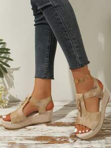 Giày sandal đế xuồng cho thanh thiếu niên, sandal cao gót hở mũi, sandal thường ngày đa năng cho kỳ nghỉ. - Màu Khaki - Xem 3