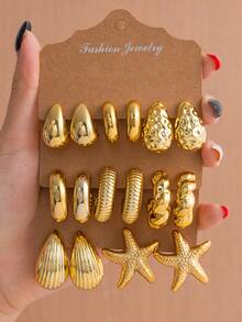 4/6/16 Pcs/Set Fashion Gold Starfish, Smooth Water Drop, Vertical Striped Water Drop C-Shaped Earring Set, Suitable For Summer Travel And Daily Vacation Wear - Gold - View 1