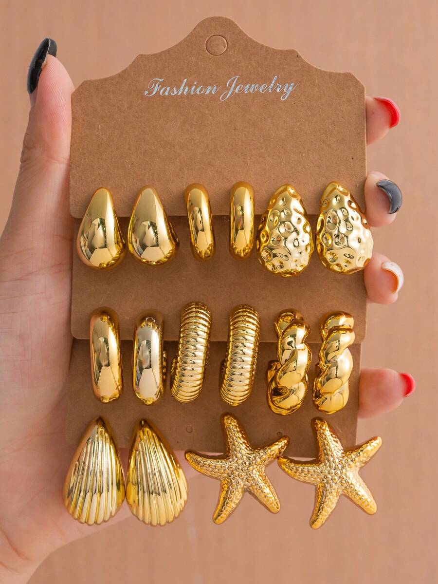 4/6/16 Pcs/Set Fashion Gold Starfish, Smooth Water Drop, Vertical Striped Water Drop C-Shaped Earring Set, Suitable For Summer Travel And Daily Vacation Wear - Gold - View 1