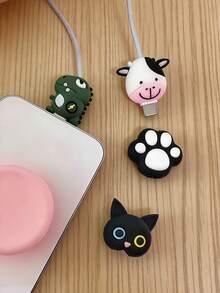 Bộ 4 ốp bảo vệ silicon hình hoạt hình - Bò, Mèo đen, Rồng sấm sét, Chân mèo cho cáp sạc điện thoại Apple 5W/18W, chống uốn cong. - Nhiều màu - Xem 1