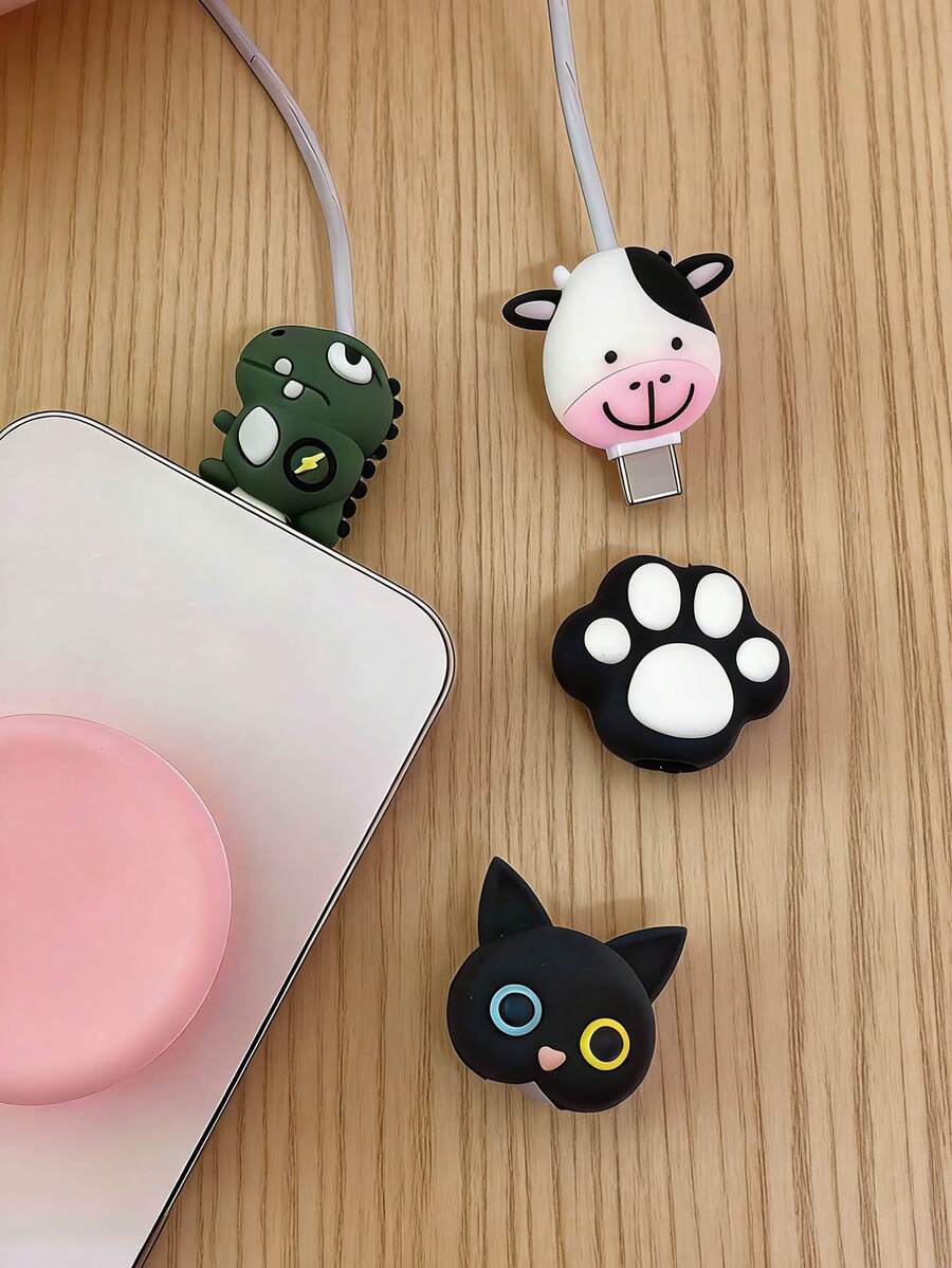 Bộ 4 ốp bảo vệ silicon hình hoạt hình - Bò, Mèo đen, Rồng sấm sét, Chân mèo cho cáp sạc điện thoại Apple 5W/18W, chống uốn cong. - Nhiều màu - Xem 1