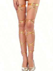 1 Pair Sexy Crisscross Leg Chain Garter, Sweet Lolita Style Leg Accessory For Women Rave Leg Wraps Women Festival Dancing Shiny Metallic Leg Wraps With O-Ring - 金色 - 查看 4
