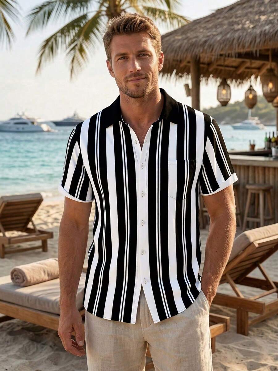 免费艺术 | 男士加大码夏威夷度假休闲户外撞色条纹艺术图案3D数码印花Polo领胸袋假日休闲短袖衬衫 - 彩色 - 查看 1