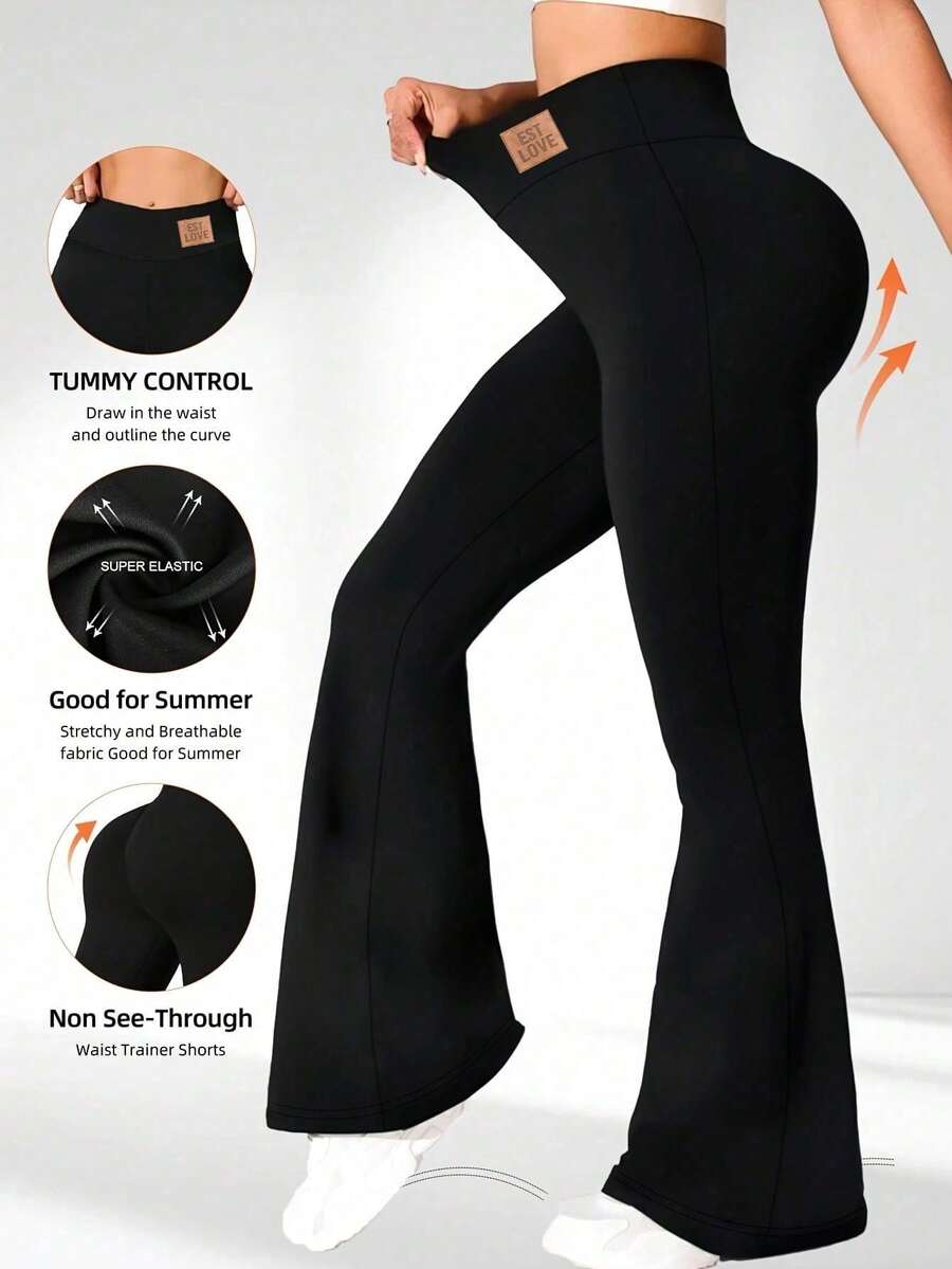1pc High-Waisted Tight Fit Pants For Women, Minimalist Slimming Flared Leggings, Solid Color Yoga Wide Leg Pants, Elastic Loose Casual Sports Trousers With Waistband And Logo, Lifting Buttocks And Slimming Waist - Black - View 1