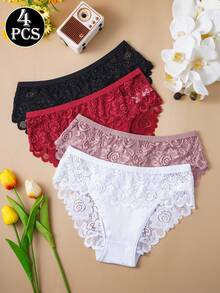 4条装优雅棉质蕾丝三角裤 - 荷叶边设计，柔软舒适，不透明且完全包裹，可手洗，浪漫基础款内衣 - 彩色 - 查看 6