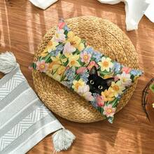 Vỏ gối trang trí họa tiết hoa tulip mùa xuân và mèo đen, kích thước 12" x 20", họa tiết hoa cẩm tú cầu, dùng cho ghế sofa theo mùa. - Màu vàng - Xem 5